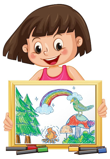 A girl is holding a frame.